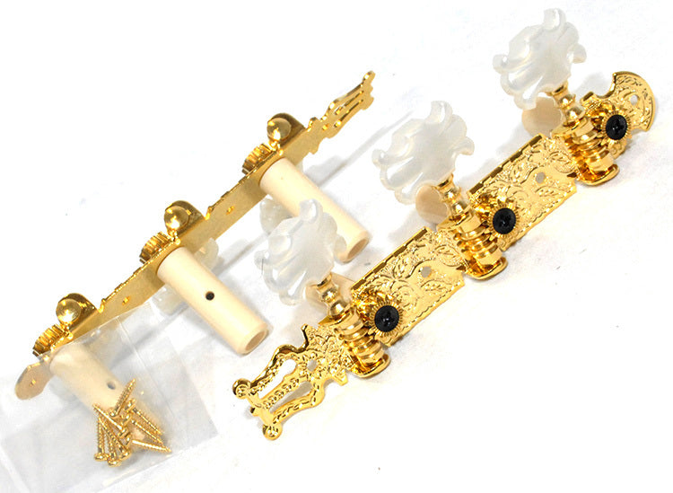 GT LA Series Classical Guitar Tuning Machines on Plate in Gold Finish (3+3) with Fancy White Buttons