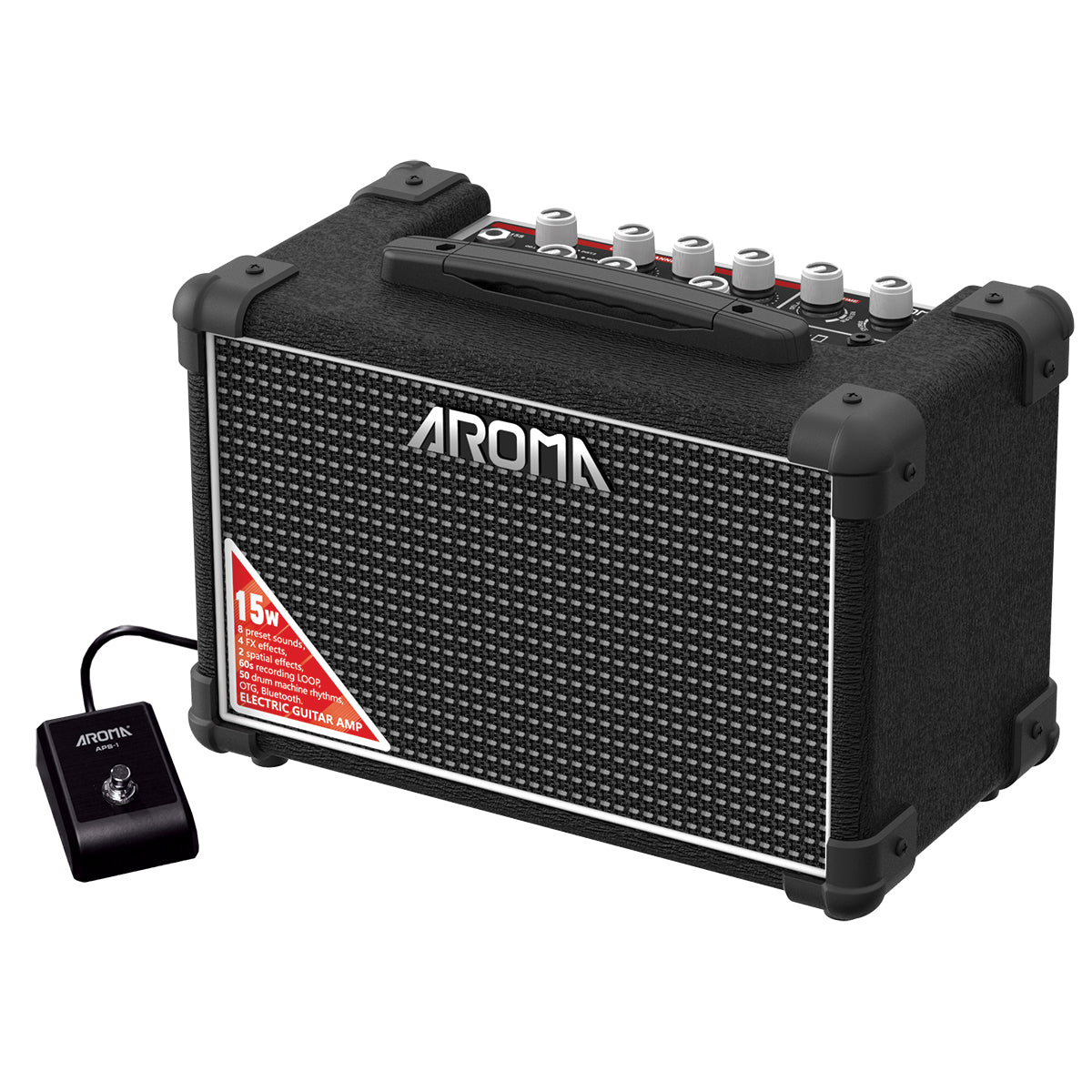 Aroma TM-15S 15W Electric Guitar Amp w Drum Machine Looper and footswitch