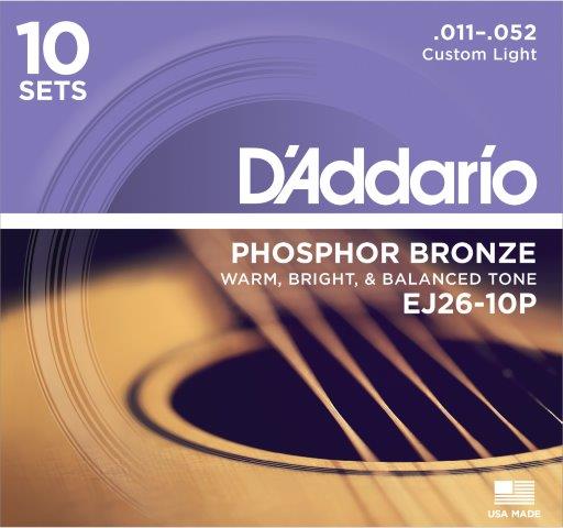 Daddario 11-52 Custom Light Acoustic Guitar String | Ten Pack | Phosphor Bronze