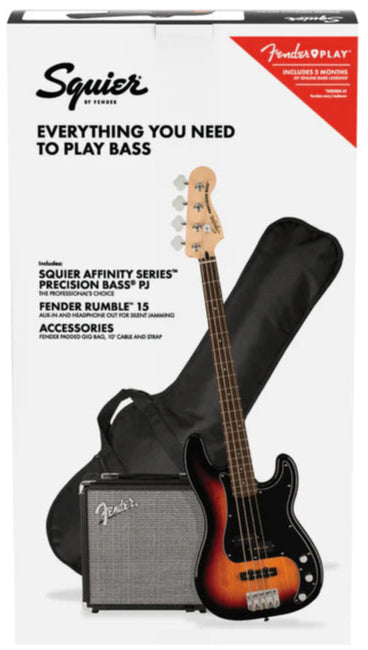 Affinity Series Precision Bass PJ Pack Laurel Fingerboard 3-Color Sunburst Gig Bag Rumble 15 - 240V