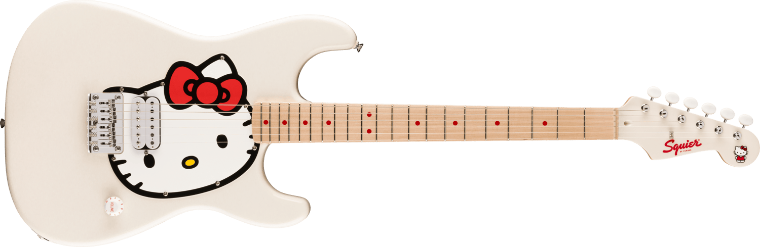 White Squier Hello Kitty Stratocaster electric guitar with a maple neck.