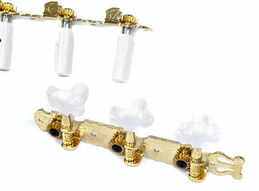 GT Classical Guitar Tuning Machines on Decorative Plate in Gold Finish (3+3) with Fancy White Buttons