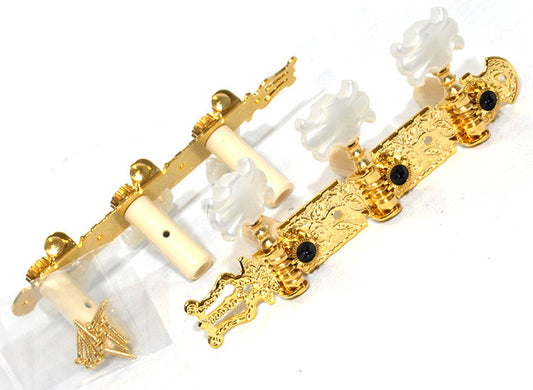 GT LA Series Classical Guitar Tuning Machines on Plate in Gold Finish (3+3) with Fancy White Buttons