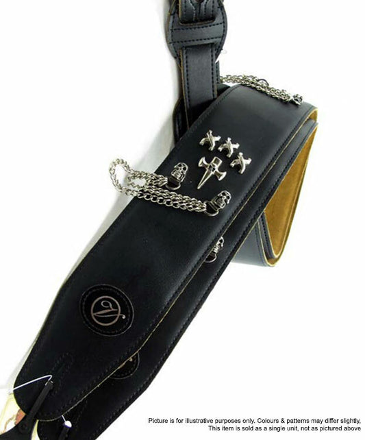 Vorson Black Leather Guitar Strap with Crosses Chains & Skulls Look Awesome with Vorson!