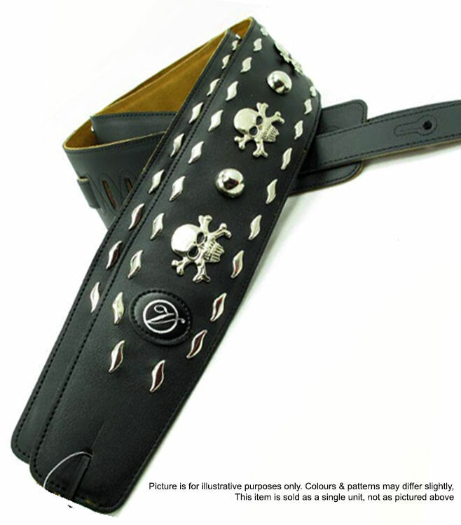 Vorson Black Leather Guitar Strap with Metal Skulls & Bones Look Awesome with Vorson!