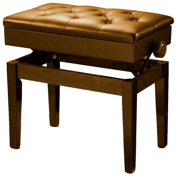 Pro Height Adjustable Piano Stool with Storage in Walnut Gloss Matching Vinyl Buttoned Padded Seat