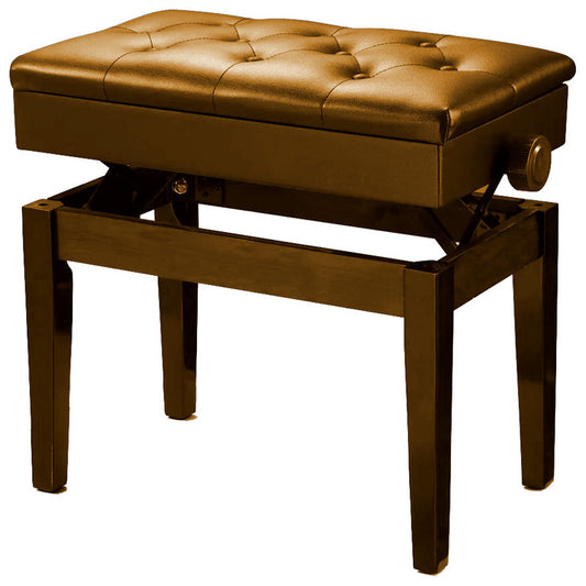 Pro Height Adjustable Piano Stool with Storage in Walnut Gloss Matching Vinyl Buttoned Padded Seat