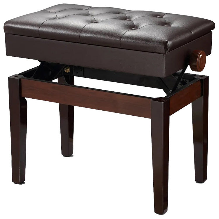Pro Height Adjustable Piano Stool with Storage in Mahogany Gloss Matching Vinyl Buttoned Padded Seat