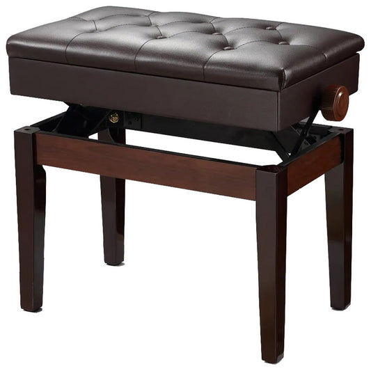 Pro Height Adjustable Piano Stool with Storage in Mahogany Gloss Matching Vinyl Buttoned Padded Seat