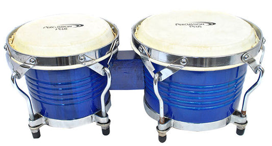 Percussion Plus Deluxe 7.5 & 8.5" Wooden Bongos in Gloss Blue Lacquer Finish