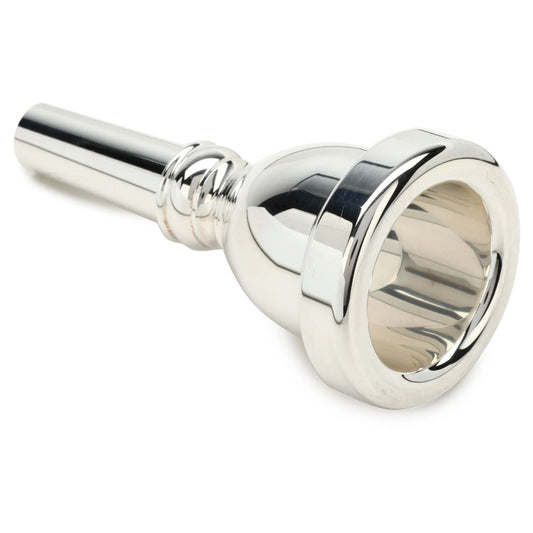 Silver-plated tuba mouthpiece with a flared rim.