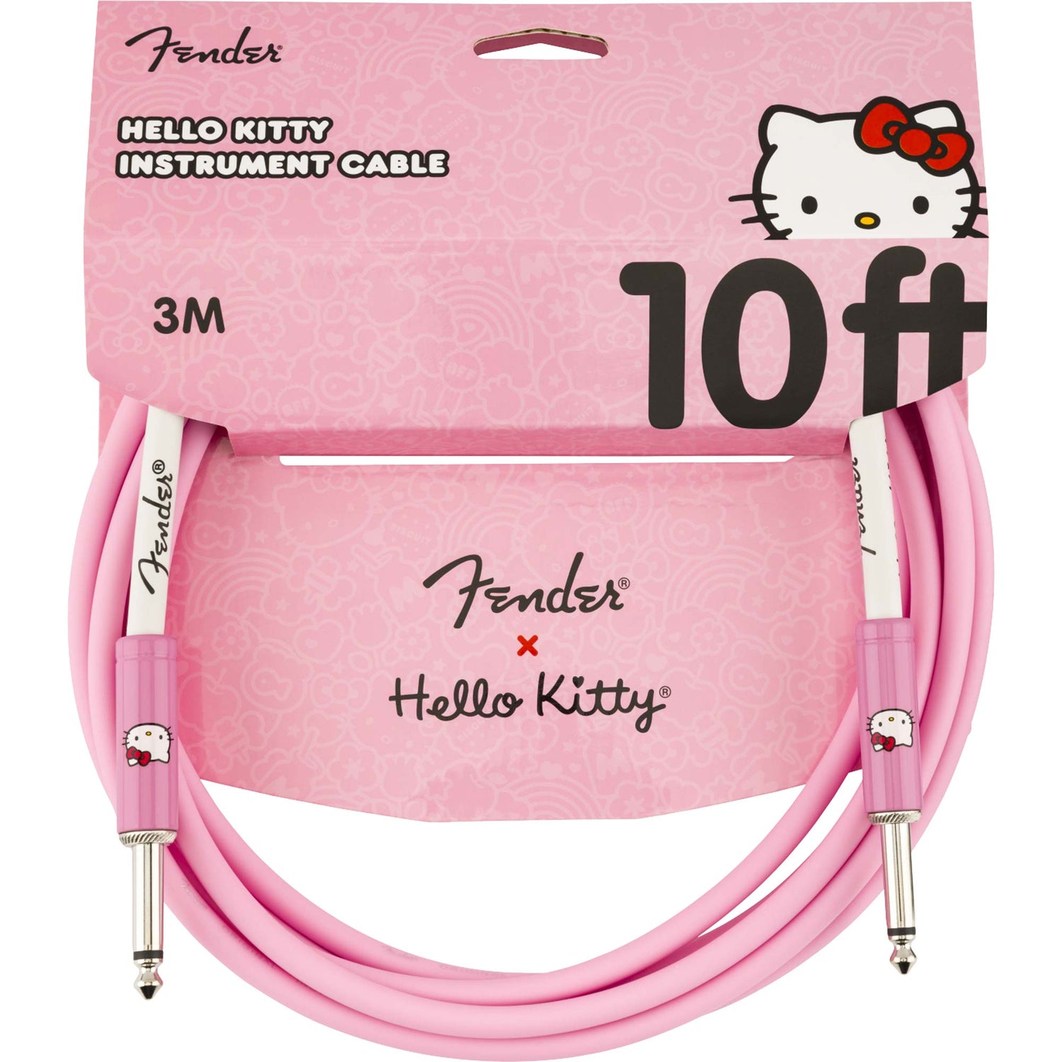 Pink Fender x Hello Kitty 10 foot instrument cable with Hello Kitty graphics.
