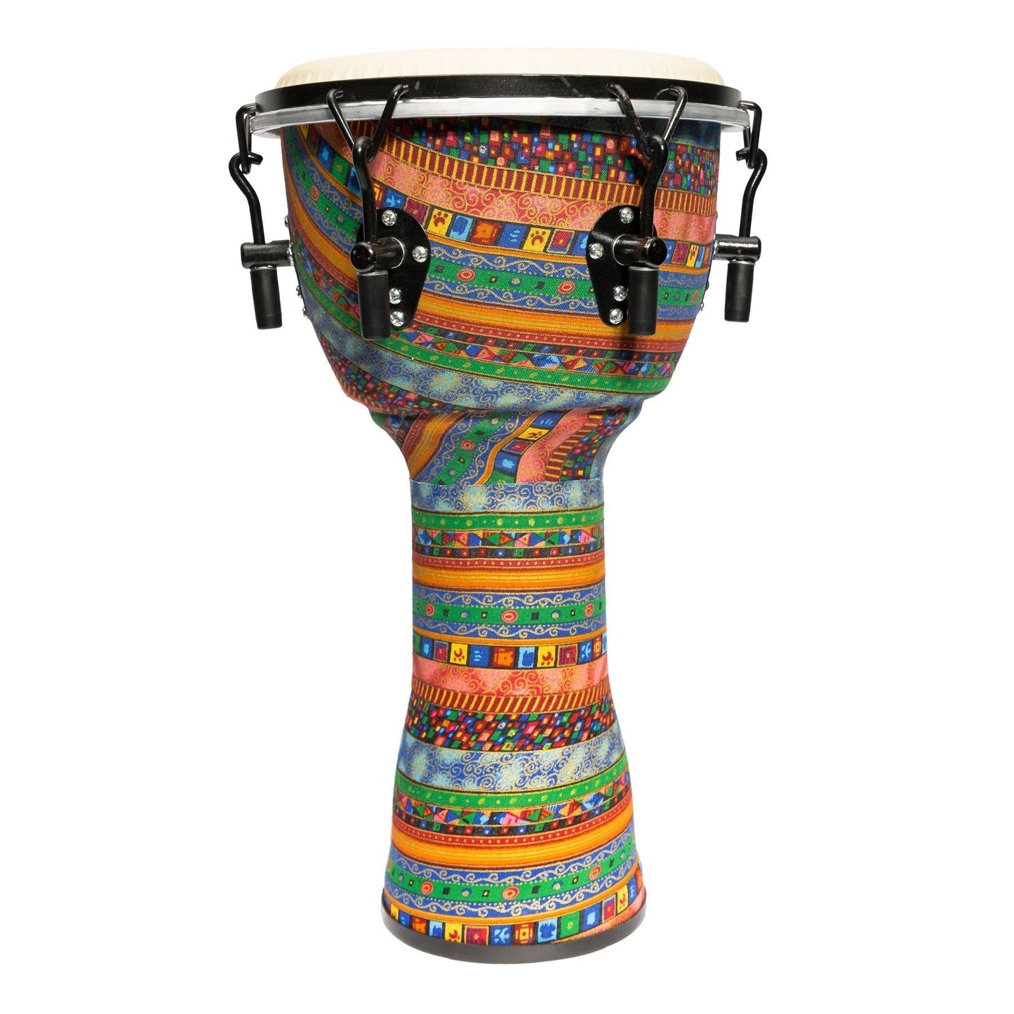 TUNABLE DJEMBE 10 INCH HEAD - TRADITIONAL STYLE RIM - ABS & WOOD SHELL CONSTRUCTION INCLUDES HEAVY DUTY CARRY BAG - MULTI COLOURED DESIGN