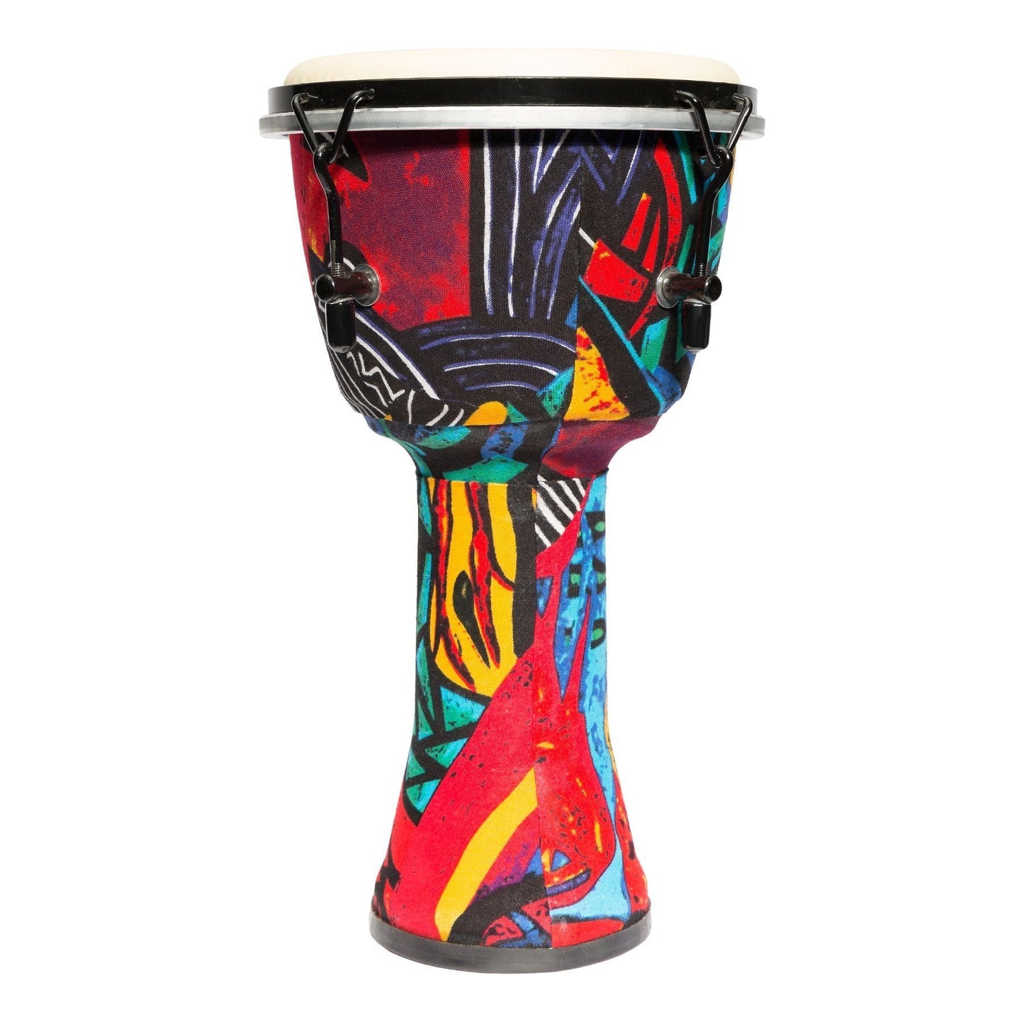 TUNABLE DJEMBE 8 INCH HEAD - TRADITIONAL STYLE RIM - ABS & WOOD SHELL CONSTRUCTION INCLUDES HEAVY DUTY CARRY BAG - MULTI COLOURED DESIGN