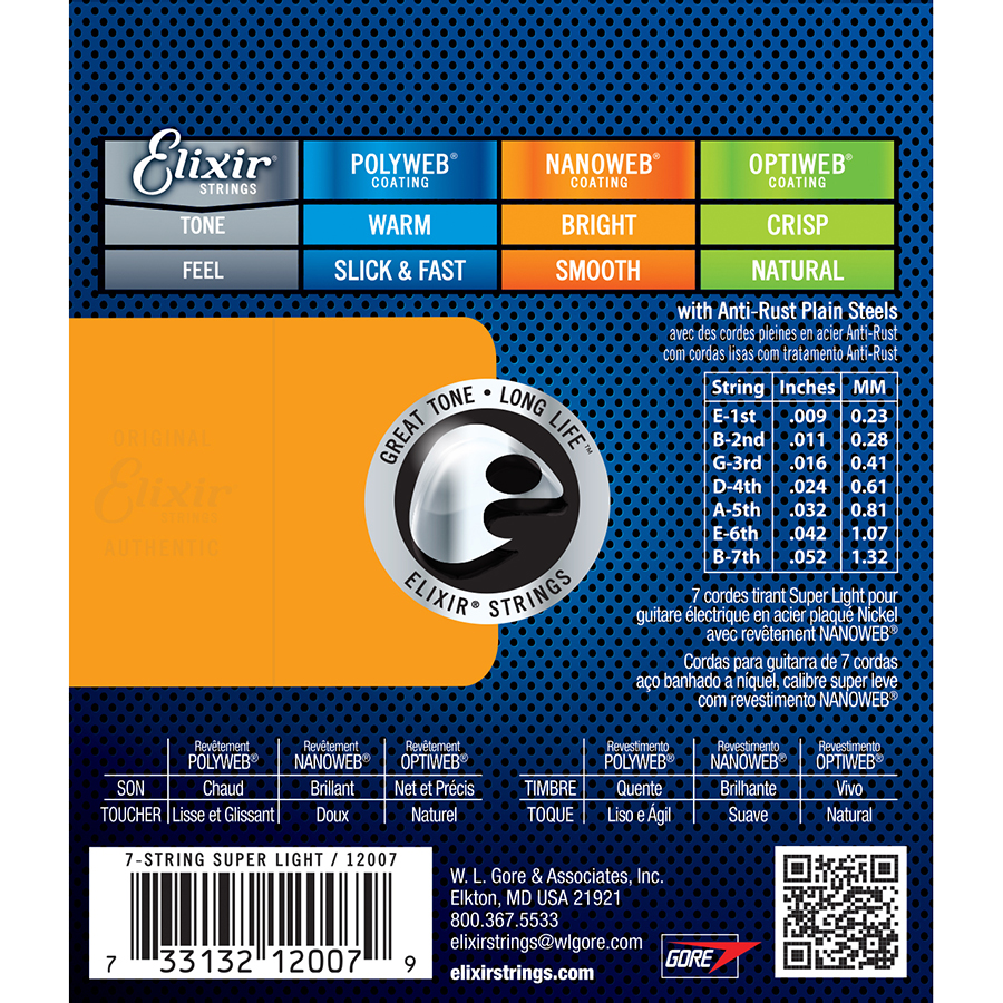Elixir 12007 Nanoweb 7-String Electric  Super Light 9-52