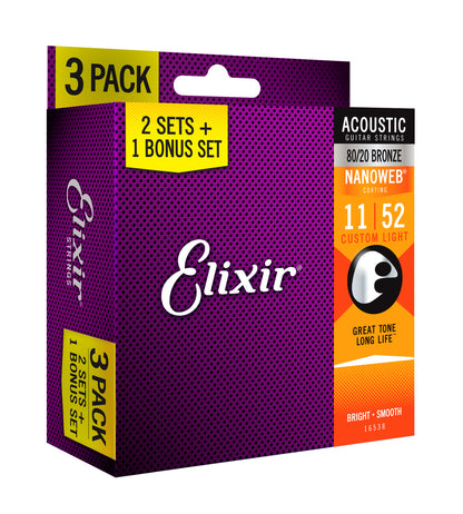 Elixir 16538 Nanoweb 80/20  11-52 3 Pack Custom Light - 3 packs for 2!