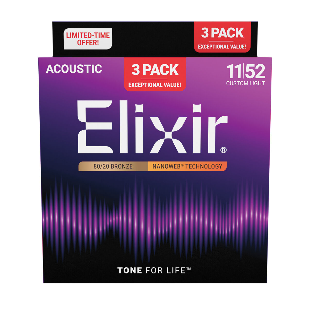 Elixir Nanoweb 80/20 11-52 3 Pack Custom Light [E16564]