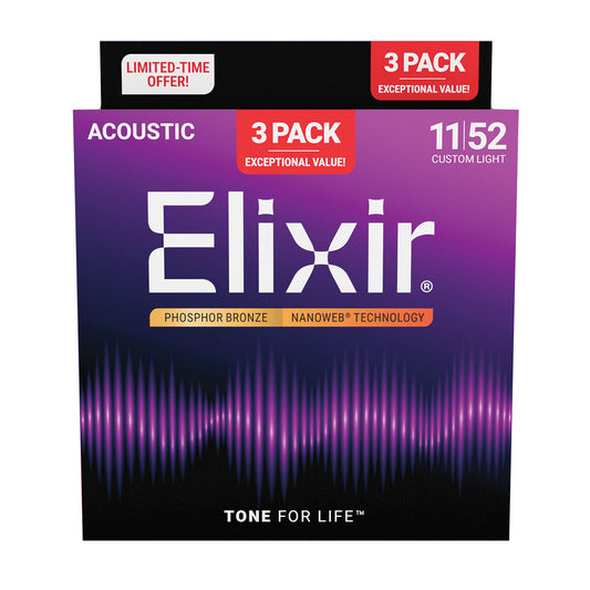 Elixir Nanoweb Phosphor Bronze 11-52 3 Pack Custom Light [E16568]