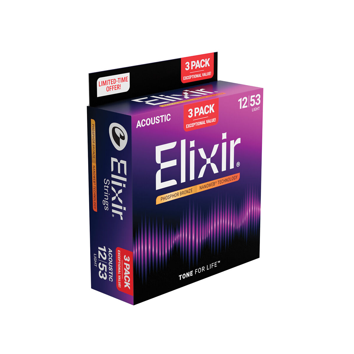 Elixir Nanoweb Phosphor Bronze 12-53 3 Pack Light [E16569]