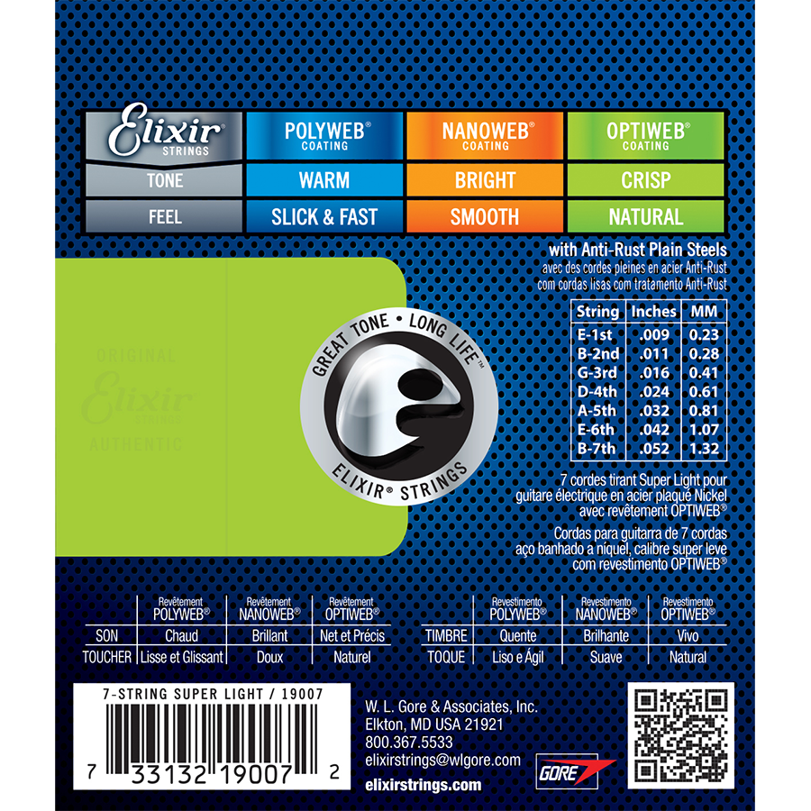 Elixir Strings Optiweb Elixir 19007 Optiweb 7-String Electric Guitar Strings | Super Light 9 ...