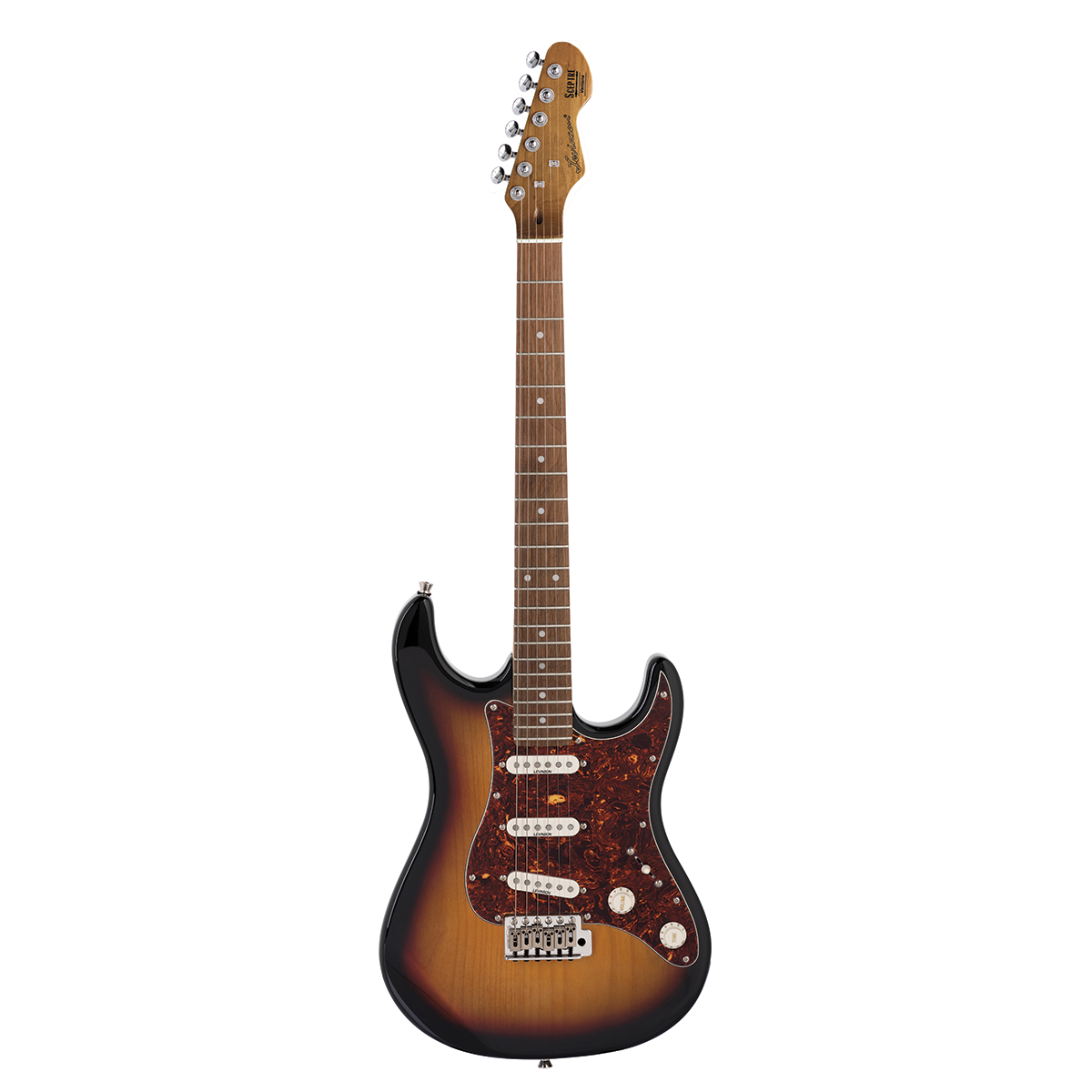Levinson Sceptre Ventana Std Double Cutaway 3 Tone Sunburst SSS w Indian Laurel Board
