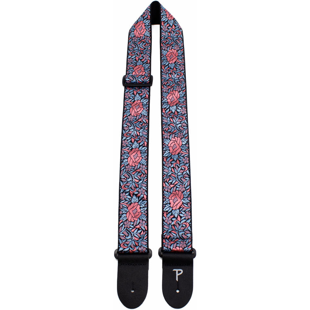 Perris 2" Jacquard Guitar Strap - Blue & Red Flower Pattern w/ Leather ends