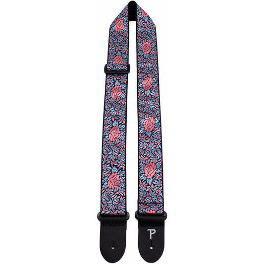 Perris 2" Jacquard Guitar Strap - Blue & Red Flower Pattern w/ Leather ends