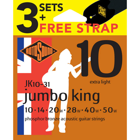 Rotosound 10-50 Extra Light Acoustic Guitar Strings | 3 Set Value Pack | Free Strap | RJK1031