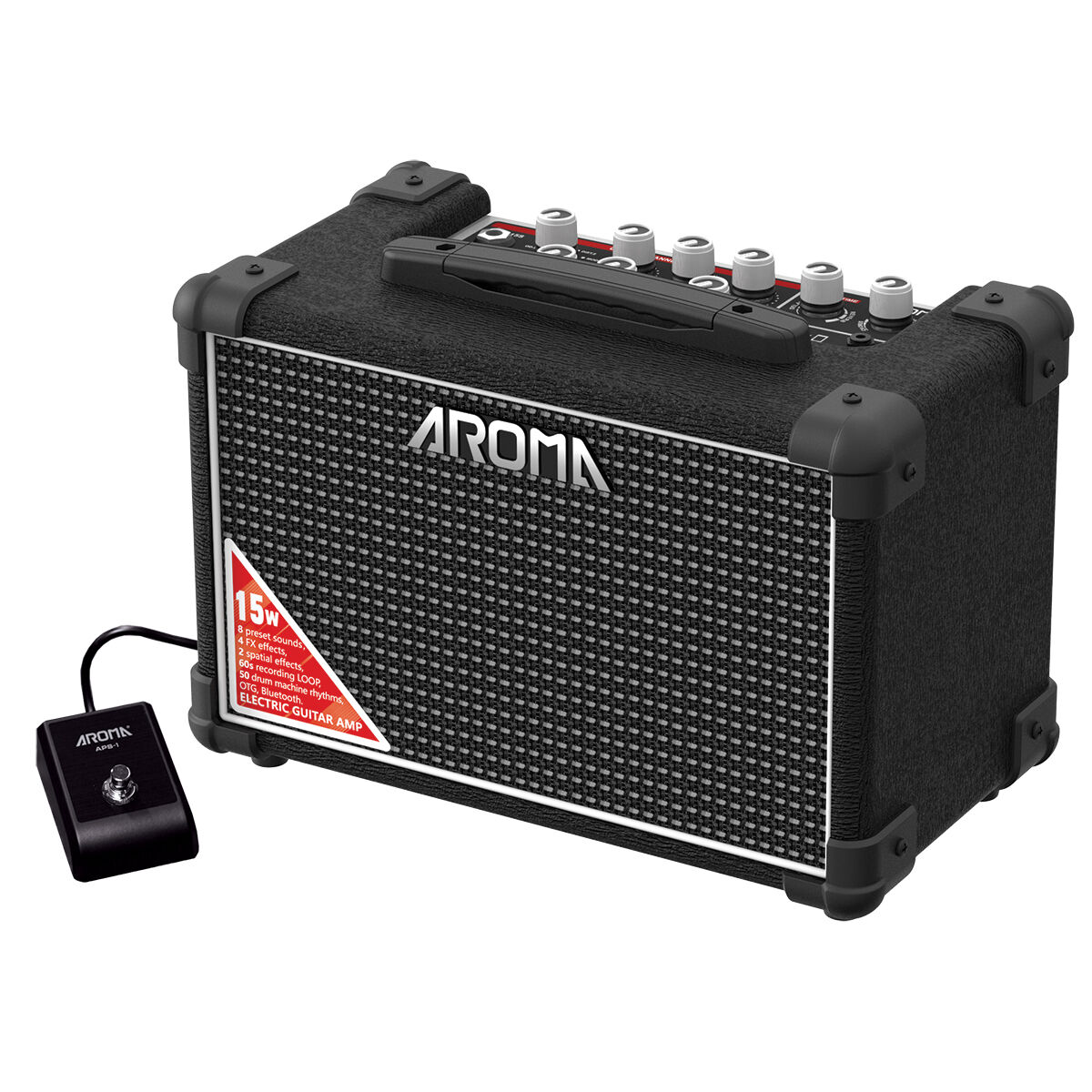 Aroma 15W Black Electric Guitar Amplifier with Footswitch and Drum Machine [TM-15S]
