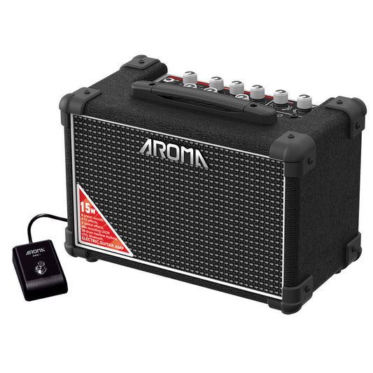Aroma 15W Black Electric Guitar Amplifier with Footswitch and Drum Machine [TM-15S]